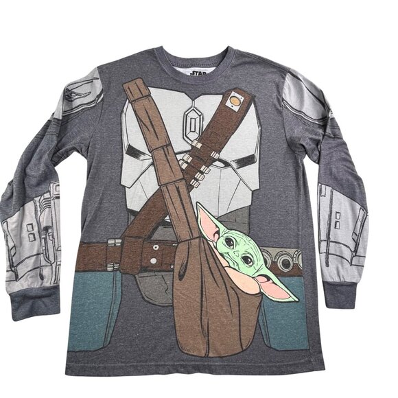 Star Wars Mandalorian Shirt Men Large Gray Baby Yoda Mad Engine Long Sleeve AOP - Picture 1 of 7
